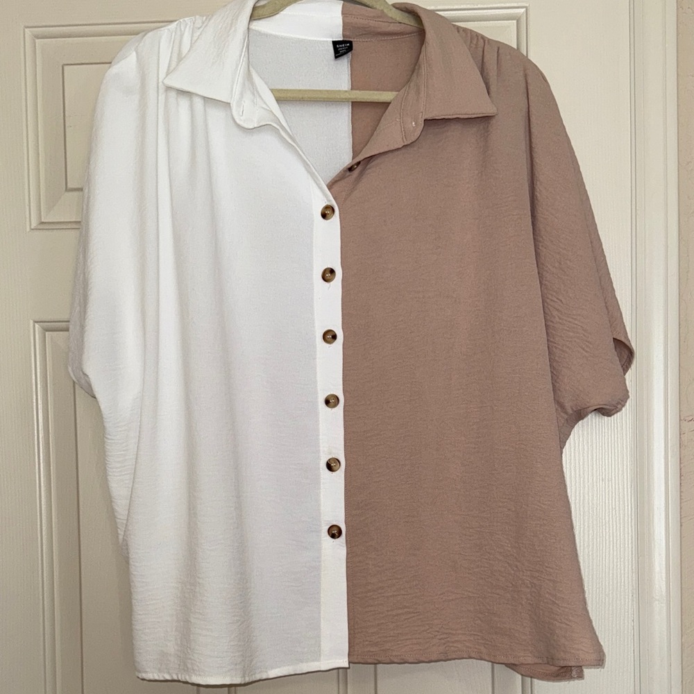 Two-Tone White and Tan Flowy Top